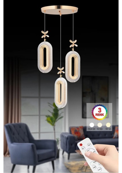 LED Alfa 3'li Gold Kumandalı 3 Renk Ledli Kristal Taşlı Modern LED Avize
