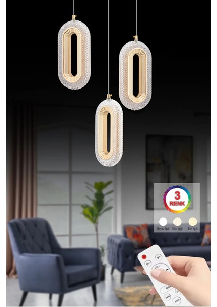 LED Alfa 3'li Gold Kumandalı 3 Renk Ledli Kristal Taşlı Modern LED Avize indirimleri