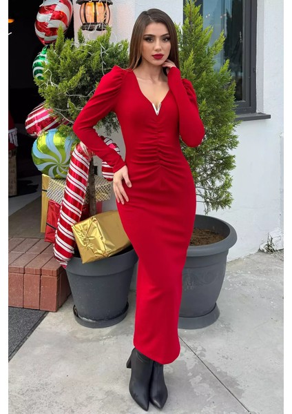 Kadın V Yaka Gold Toka Detaylı Ön Büzgülü Likralı Elbise P-00014465