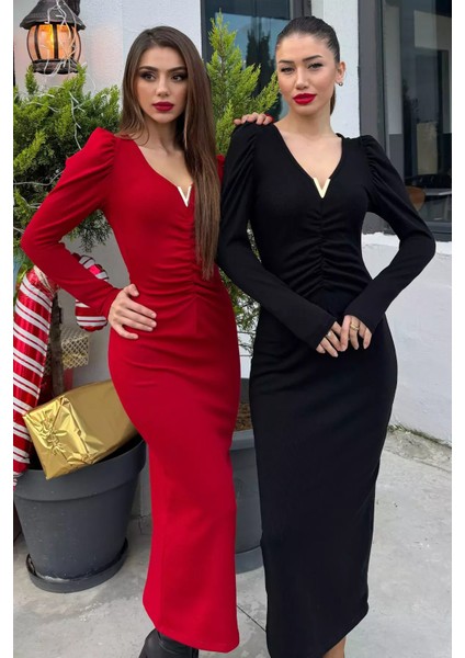 Kadın V Yaka Gold Toka Detaylı Ön Büzgülü Likralı Elbise P-00014465 fiyatları