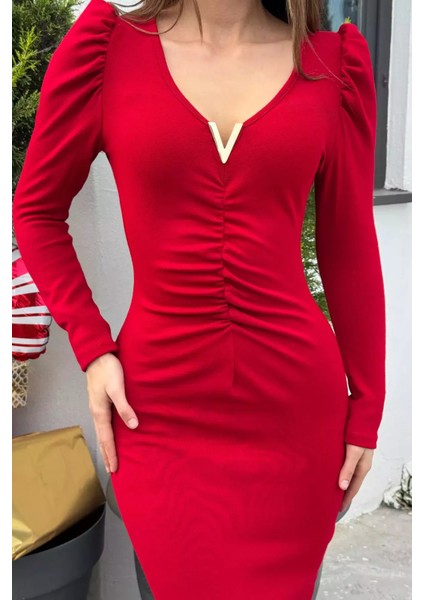 Kadın V Yaka Gold Toka Detaylı Ön Büzgülü Likralı Elbise P-00014465 modelleri