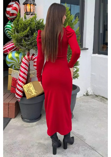 Kadın V Yaka Gold Toka Detaylı Ön Büzgülü Likralı Elbise P-00014465 fırsatları