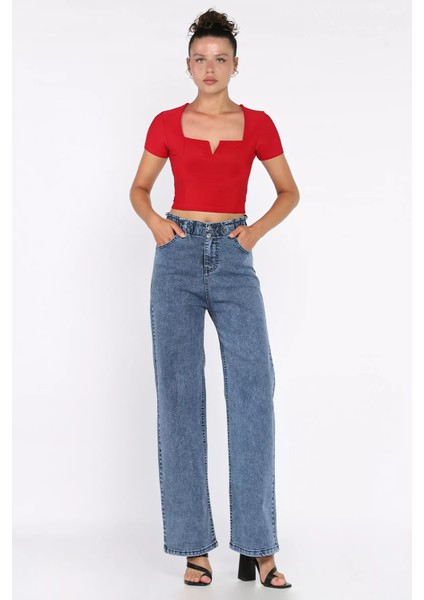 Çift Düğme Detaylı Bol Paça Likralı Kadın Jean Kot Pantolon P-00011002