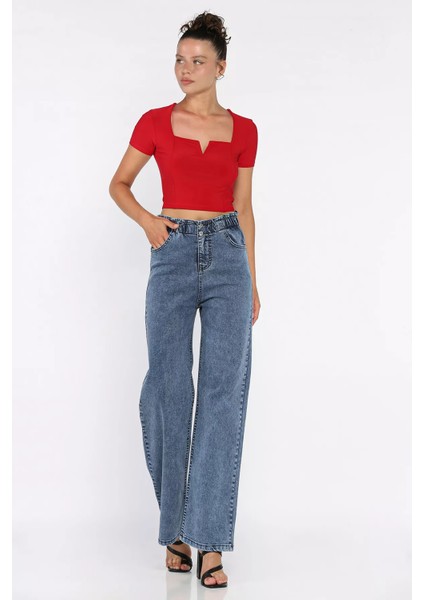 Çift Düğme Detaylı Bol Paça Likralı Kadın Jean Kot Pantolon P-00011002