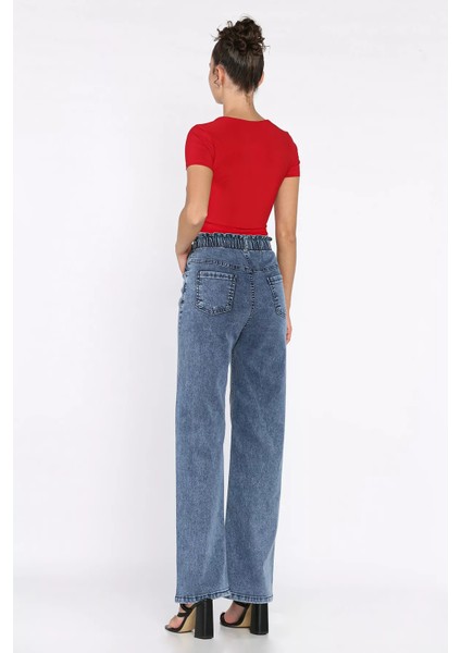 Çift Düğme Detaylı Bol Paça Likralı Kadın Jean Kot Pantolon P-00011002