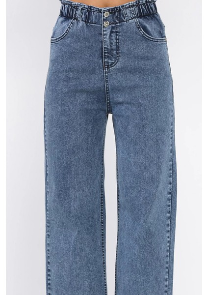 Çift Düğme Detaylı Bol Paça Likralı Kadın Jean Kot Pantolon P-00011002