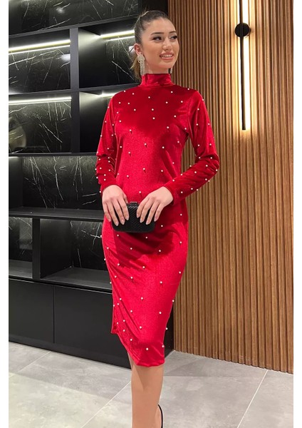 Kadın Incili Likralı Kadife Elbise P-00014471 fiyatları