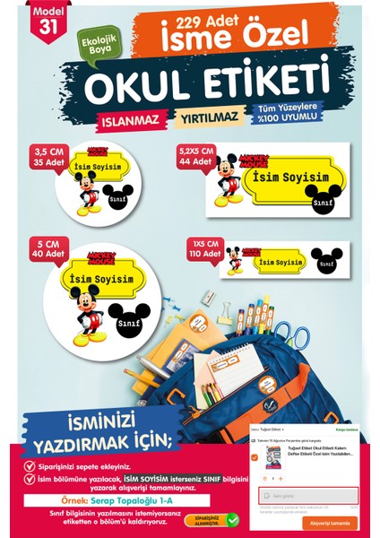 Okul Etiketi Mickey Mouse Kalem Defter Etiketi Özel Isim Yazılabilen Etiket Seti - Isim ETIKETI-T560-OE31