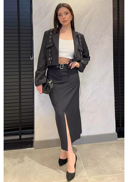 Kadın Kemerli Yırtmaçlı Kalem Etek P-00014569