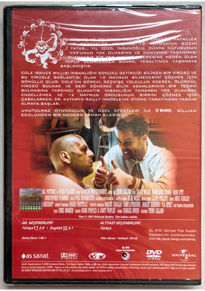 12 Maymun DVD Bruce Willis Madeleine Stowe Brad Pitt (Orjnal Dönem Baskı Dvd) fiyatları