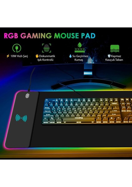 Powermaster PM-25115 Xl Rgb Gaming Mouse Pad Wireless Kablosuz Telefon Şarj Destekli 14 Modlu Kaymaz Su Geçirmez fiyatları