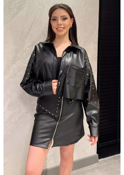 Kadın Zımba Detaylı Crop Top Suni Deri Ceket P-00014565