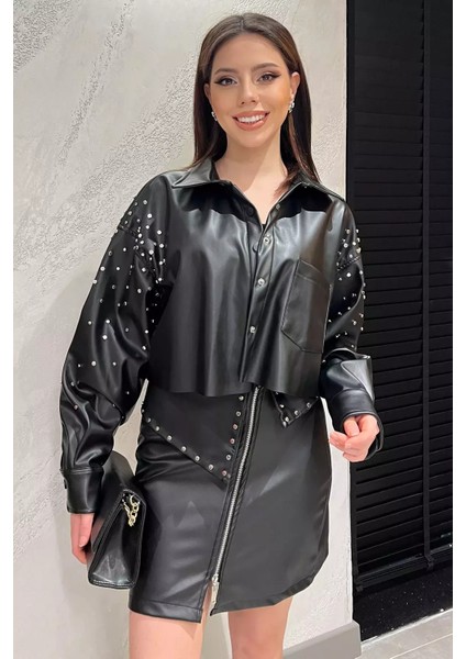 Kadın Zımba Detaylı Crop Top Suni Deri Ceket P-00014565 fiyatları