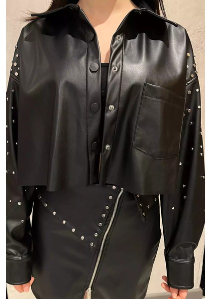 Kadın Zımba Detaylı Crop Top Suni Deri Ceket P-00014565 modelleri