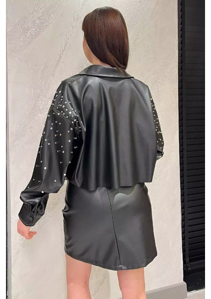 Kadın Zımba Detaylı Crop Top Suni Deri Ceket P-00014565 fırsatları