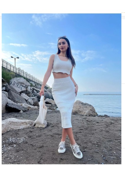 Kadın Yazlık Örme Krem Rengi Alt Üst Takım