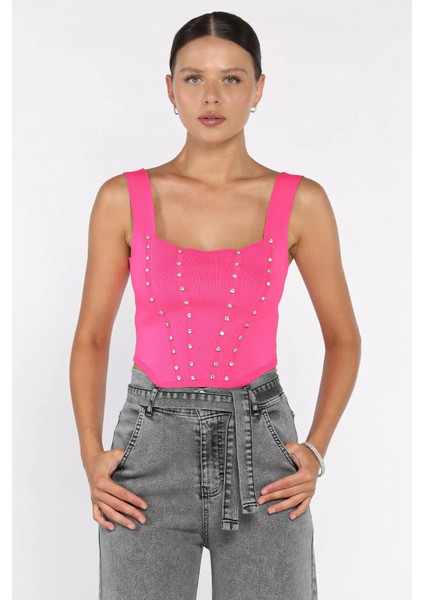 Kadın Kare Yaka Mevsimlik Crop Triko Bluz P-00002888