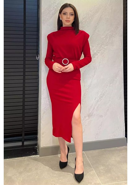 Kadın Omuz Vatkalı Taşlı Kemerli Yırtmaçlı Triko Elbise P-00014470 fiyatları