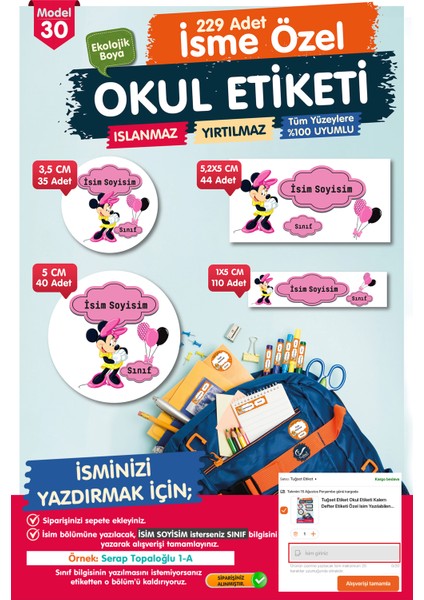 Okul Etiketi Mini Mouse Kalem Defter Etiketi Özel Isim Yazılabilen Etiket Seti - Isim ETIKETI-T559-OE30