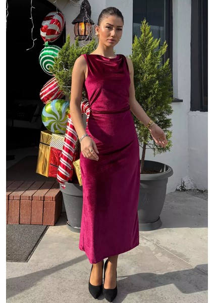 Kadın Büzgü Detaylı Degaje Yaka Kadife Elbise P-00014486