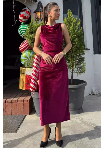 Kadın Büzgü Detaylı Degaje Yaka Kadife Elbise P-00014486 fiyatları