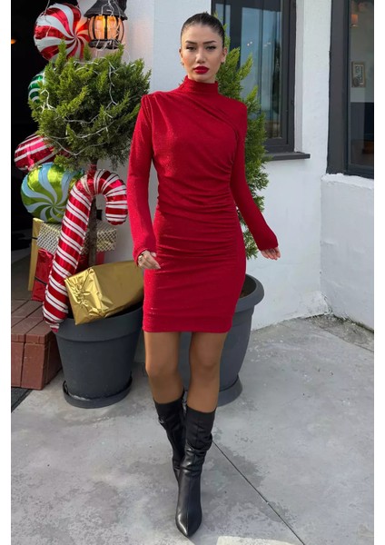 Kadın Dik Yaka Iç Astarlı Büzgülü Işıltılı Elbise P-00014484