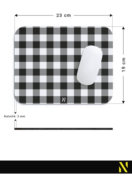 Siyah Ekose Pötikare Desenli Ergonomik Mouse Pad - 23 x 19 cm - Kaymaz Taban Ev ve Ofis Kullanımı Fare Altlığı Mousepad