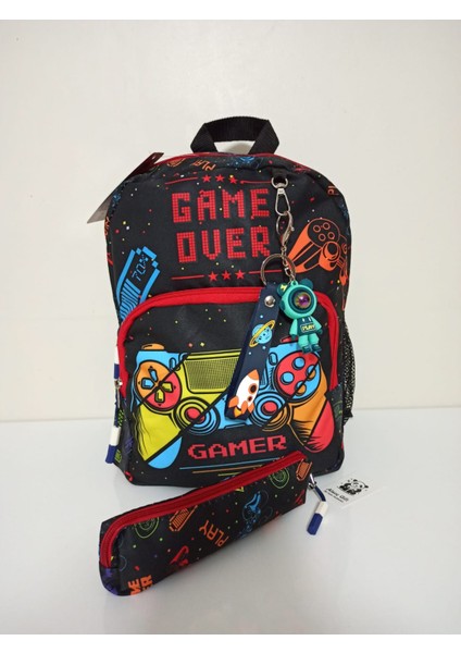 Erkek Çocuk Anaokulu Sırt Çantası Ortopedik Su Geçirmez Gamer Desen+Kalemlik+Anahtarlık