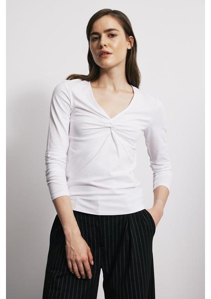 V Yaka Düğümlü Uzun Kol T-Shirt modelleri