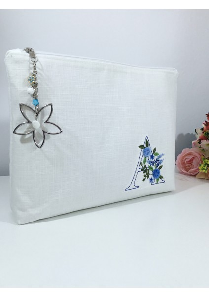 Majestic Blooms - Mavi Monogram Harfli Portföy Çanta