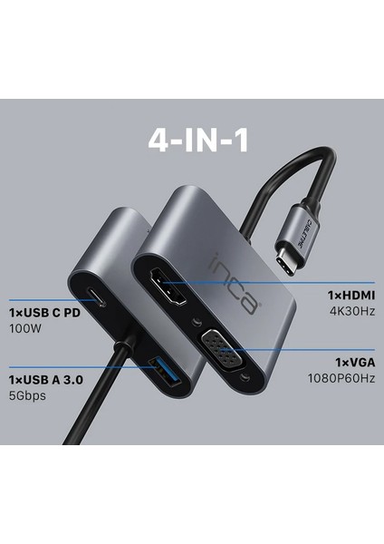 ITPC-06TX Type-C HDMI 4K 30Hz + VGA + USB 3.0 + Pd 100W Çoklayıcı | Type-C 3.0 Bağlantılı Cihazlar Için | Alüminyum Kasa | Tak Çalıştır | Ev, Ofis, Konferans ve Sunum Kullanımı Için Uygun