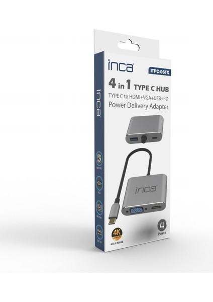 ITPC-06TX Type-C HDMI 4K 30Hz + VGA + USB 3.0 + Pd 100W Çoklayıcı | Type-C 3.0 Bağlantılı Cihazlar Için | Alüminyum Kasa | Tak Çalıştır | Ev, Ofis, Konferans ve Sunum Kullanımı Için Uygun