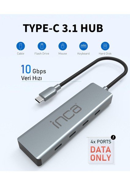 Itpt-4tx Type-C Hubx4 Type-C Port 3.1 10GBPS Çoklayıcı Aluminyum Kasa