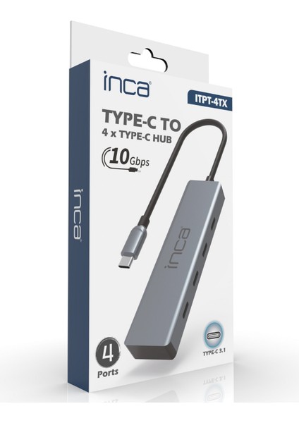 Itpt-4tx Type-C Hubx4 Type-C Port 3.1 10GBPS Çoklayıcı Aluminyum Kasa