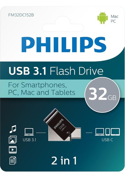 32 GB USB 3.1 & Type-C 2’si 1 Arada Çift Girişli Metal USB Bellek