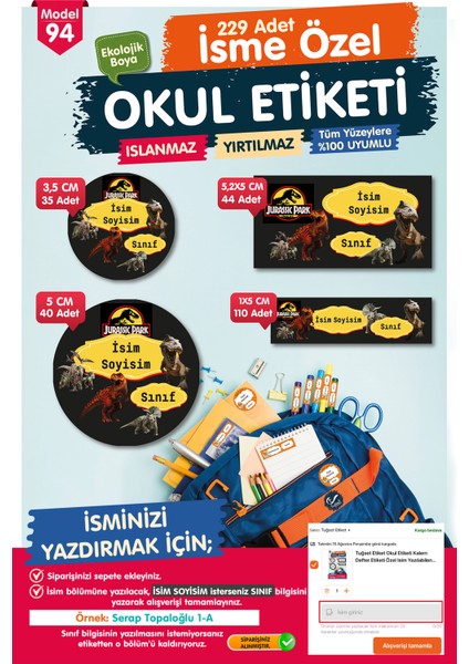 Okul Etiketi Jurassic Park Kalem Defter Etiketi Özel Isim Yazılabilen Etiket Seti - Isim ETIKETI-T578-OE94
