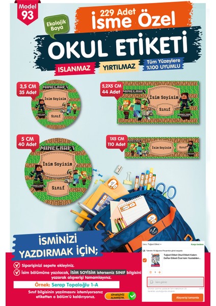 Okul Etiketi Minecraftkalem Defter Etiketi Özel Isim Yazılabilen Etiket Seti - Isim ETIKETI-T577-OE93