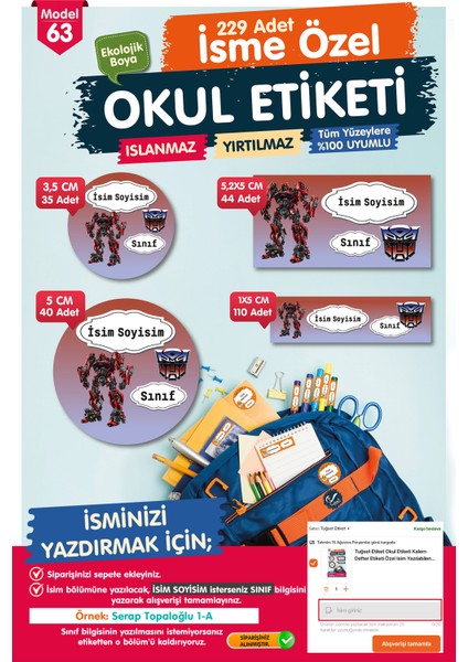 Okul Etiketi Transformers Kalem Defter Etiketi Özel Isim Yazılabilen Etiket Seti - Isim ETIKETI-T575-OE63
