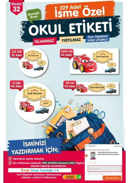 Okul Etiketi Şimşek Mcqueen Kalem Defter Etiketi Özel Isim Yazılabilen Etiket Seti - Isim ETIKETI-T561-OE32 indirimleri