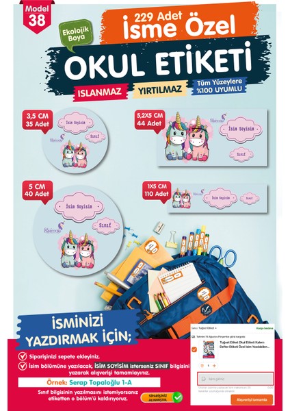 Okul Etiketi Unicorn Kalem Defter Etiketi Özel Isim Yazılabilen Etiket Seti - Isim ETIKETI-T566-OE38
