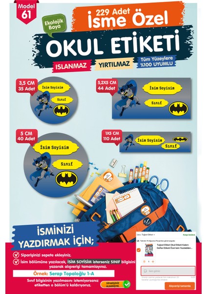 Okul Etiketi Batman Kalem Defter Etiketi Özel Isim Yazılabilen Etiket Seti - Isim ETIKETI-T573-OE61
