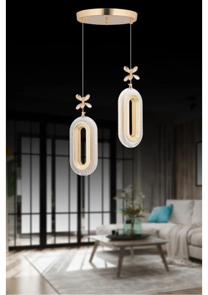 LED Alfa 2'li Gold Kumandalı 3 Renk Ledli Kristal Taşlı Modern LED Avize
