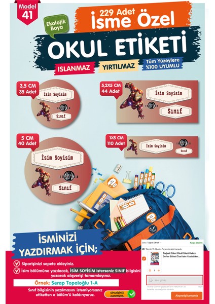 Okul Etiketi Iron Man Kalem Defter Etiketi Özel Isim Yazılabilen Etiket Seti - Isim ETIKETI-T569-OE41
