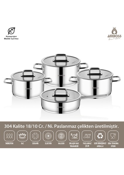 Nova 8 Parça Paslanmaz Çelik Cam Kapaklı Tencere Tava Seti