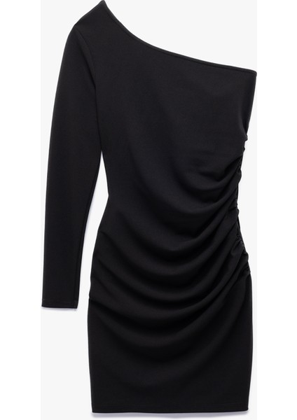 Krep Scuba Kumaş Drape Detaylı Uzun Kollu Tek Omuz Mini Elbise