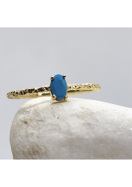 Gümüş Yüzük - 0.50CT Firuze Taşlı Dövülü Eskitme Tektaş Gümüş Yüzük - Hediye Gümüş Eskitme Yüzük