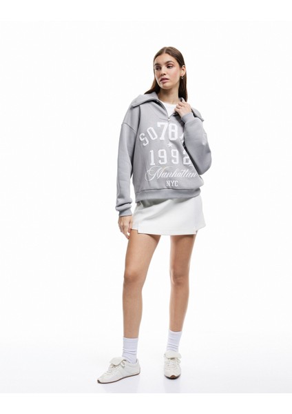 Baskılı Uzun Kollu Şardonlu Yarım Fermuarlı Sweatshirt