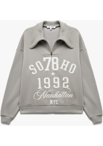 Baskılı Uzun Kollu Şardonlu Yarım Fermuarlı Sweatshirt