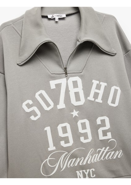 Baskılı Uzun Kollu Şardonlu Yarım Fermuarlı Sweatshirt