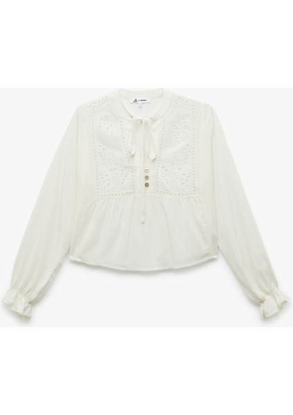 Viskon Uzun Kollu Bağlama Detaylı Düğmeli V Yaka Fisto Bluz